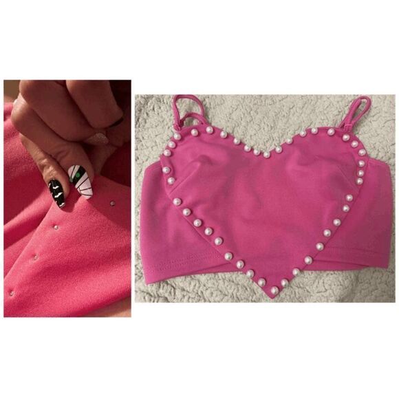 💗 Barbie Pink Cute Heart Shaped Crop Top Pearls Trim NEW WITH TAGS - Picture 7 of 16